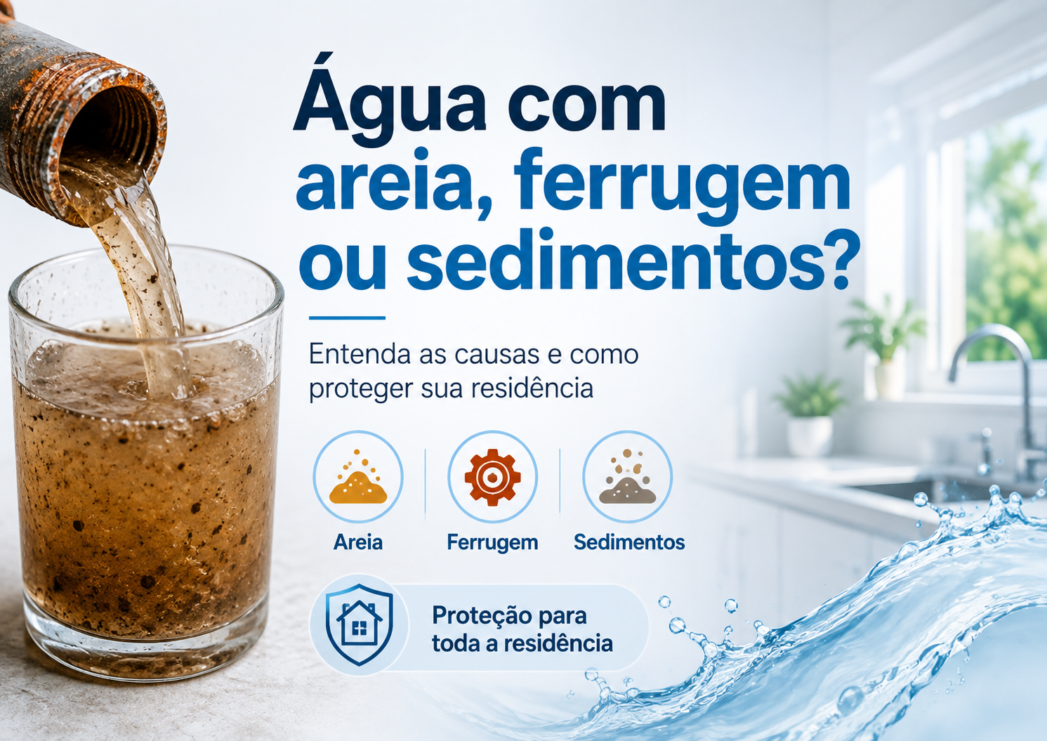 Sua água apresenta areia, ferrugem, partículas ou turbidez? Entenda as possíveis causas e saiba como um filtro central pode ajudar a proteger toda a residência.